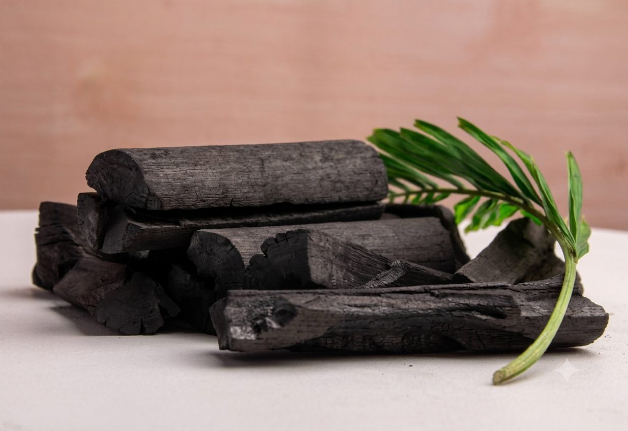 Stacked bamboo charcoal logs with a green leaf sprig